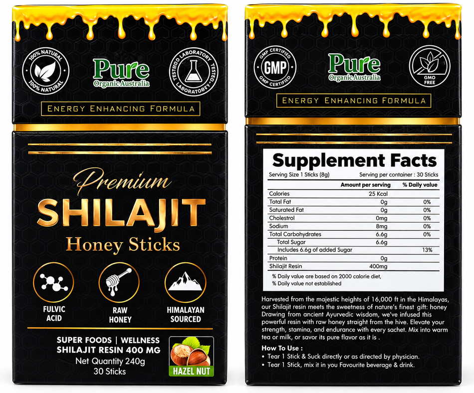 Pure Organic Australia Premium Shilajit Honey Sticks – Hazelnut (30 Sticks)