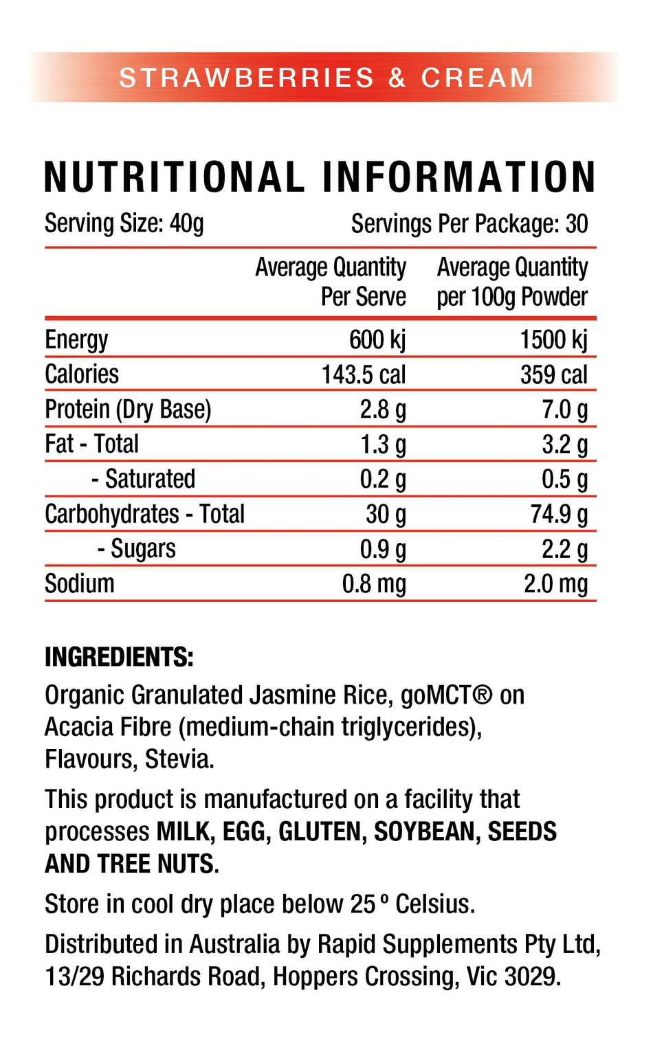 PURE CREAM OF RICE 30 SERVES RAPID SUPPLEMENTS