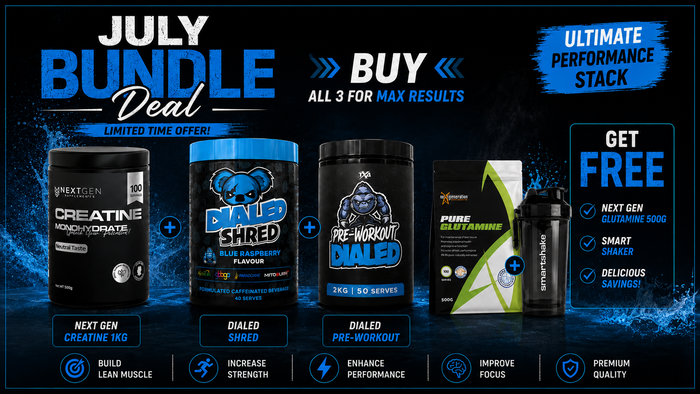 July Deal 3 | Creatine + Dialed Shred + Dialed Pre Workout + Pure Glutamine + Smartshake