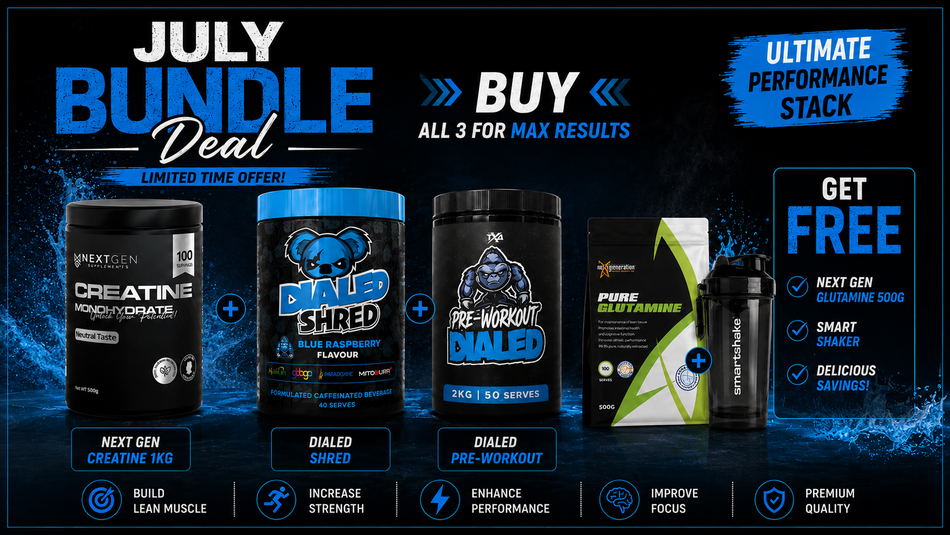 July Deal 3 | Creatine + Dialed Shred + Dialed Pre Workout + Pure Glutamine + Smartshake